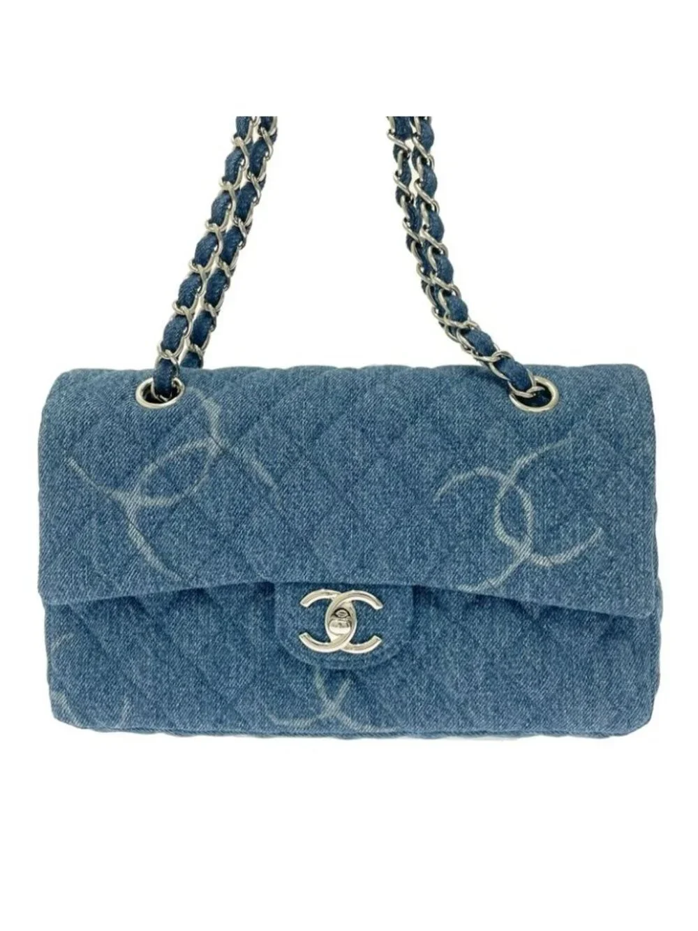 Chanel Quilted Denim Print Chain Shoulder Bag Blue